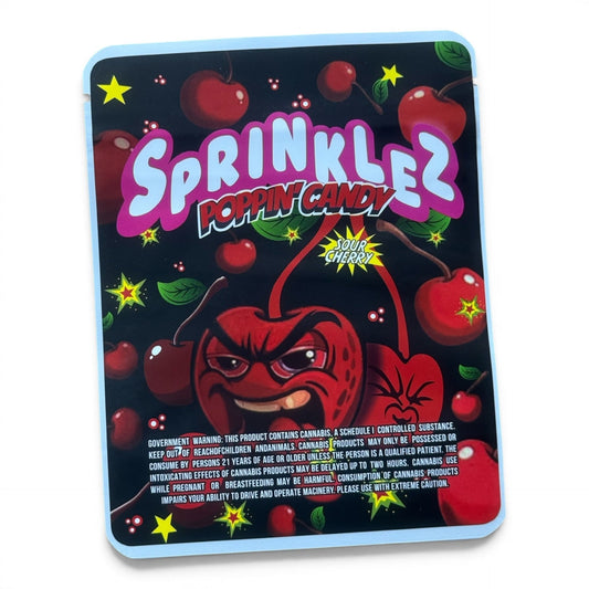 Sprinklez Poppin Candy Sour Cherry 3.5G Mylar sticker Bags -With stickers and label