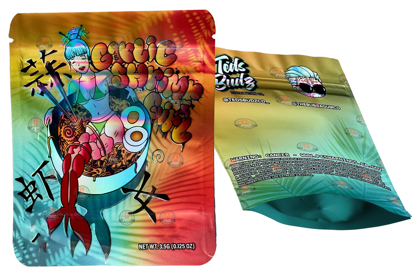 Garlic Shrimp Girl Teds Budz Mylar Bags 3.5g Holographic Empty Packaging - Black Unicorn Hub