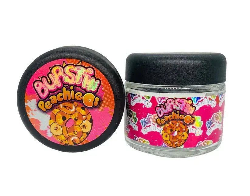 Burstin Peachios 3.5g Glass Jars with Holographic Stickers - Black Unicorn Hub