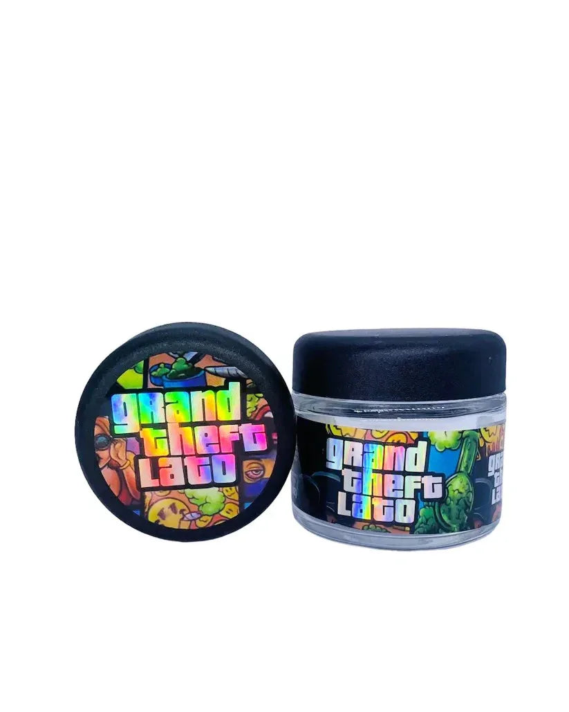 Grand Theft Lato 3.5g Glass Jars with Holographic Stickers - Black Unicorn Hub