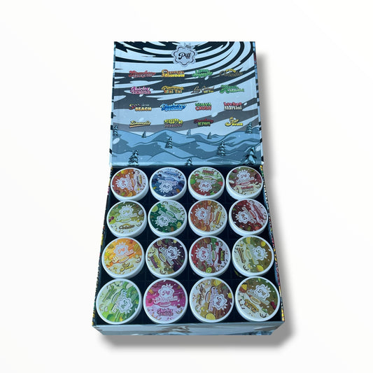 Piff Snowballs Mini 16-1oz Plastic Jars - Varity Pack 16 Flavors in box 1 pound with outer box Empty plastic Jars (Copy)