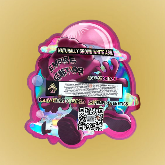 Sherb Money Bubblegum Kans 3.5G Mylar Bags- Empire Genetics Cut Out-Holographic
