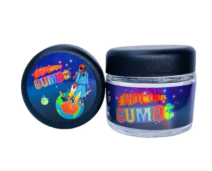 Shot Off Gumbo 3.5g Glass Jars with Holographic Stickers - Black Unicorn Hub