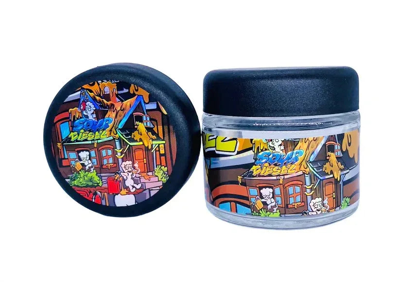Sour Diesel 3.5g Glass Jars with Holographic Stickers - Black Unicorn Hub
