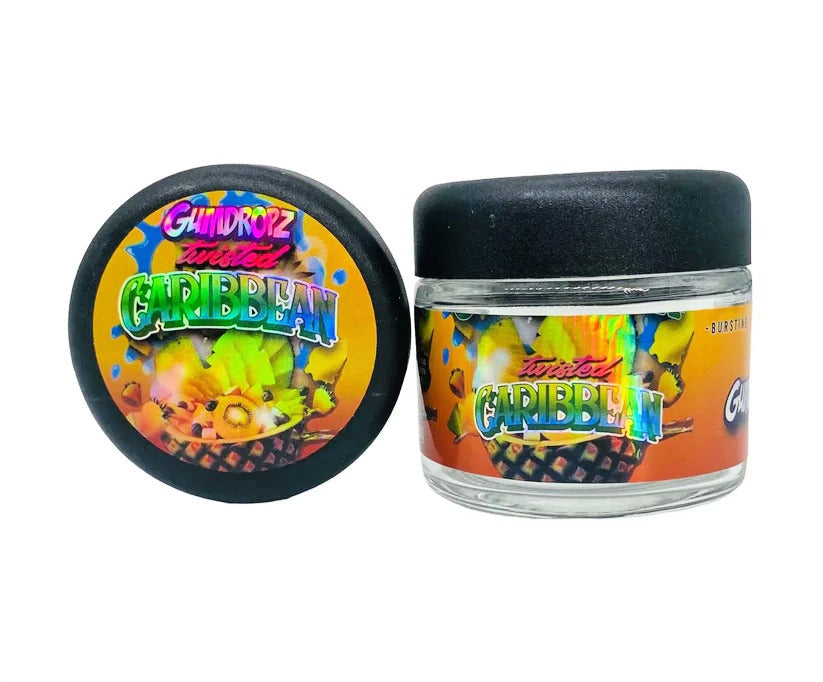 Twisted Caribbean Sprinklez 3.5g Glass Jars with Holographic Stickers Child Resistant jar