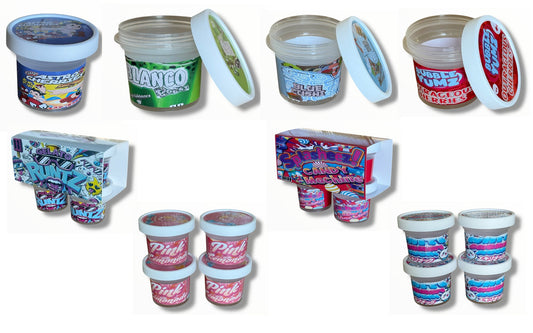 Collection of various small containers and packages with colorful labels on a white background