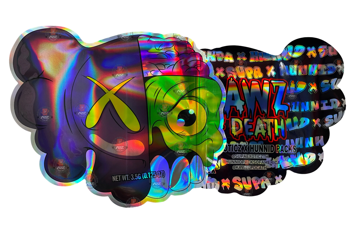Kawz Of Death 3.5g Mylar Bag Cut Out-Holographic Supa Exoticz X Hunnid Packs - Black Unicorn Hub