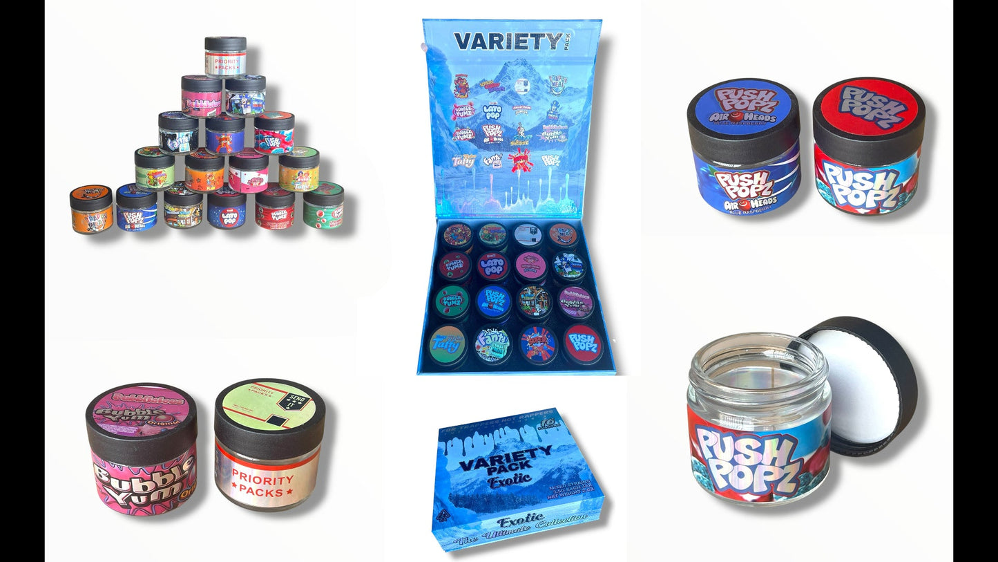 Variety Pack Exotics Glass Jars - Varity Pack 16 Strains in box Empty Jars