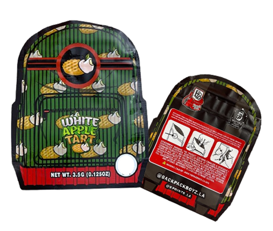 White Apple Tart Backpack Boyz cut out Mylar zip lock bag 3.5G