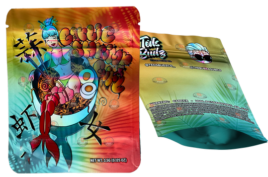 Garlic Shrimp Girl Teds Budz Mylar Bags 3.5g Holographic Empty Packaging