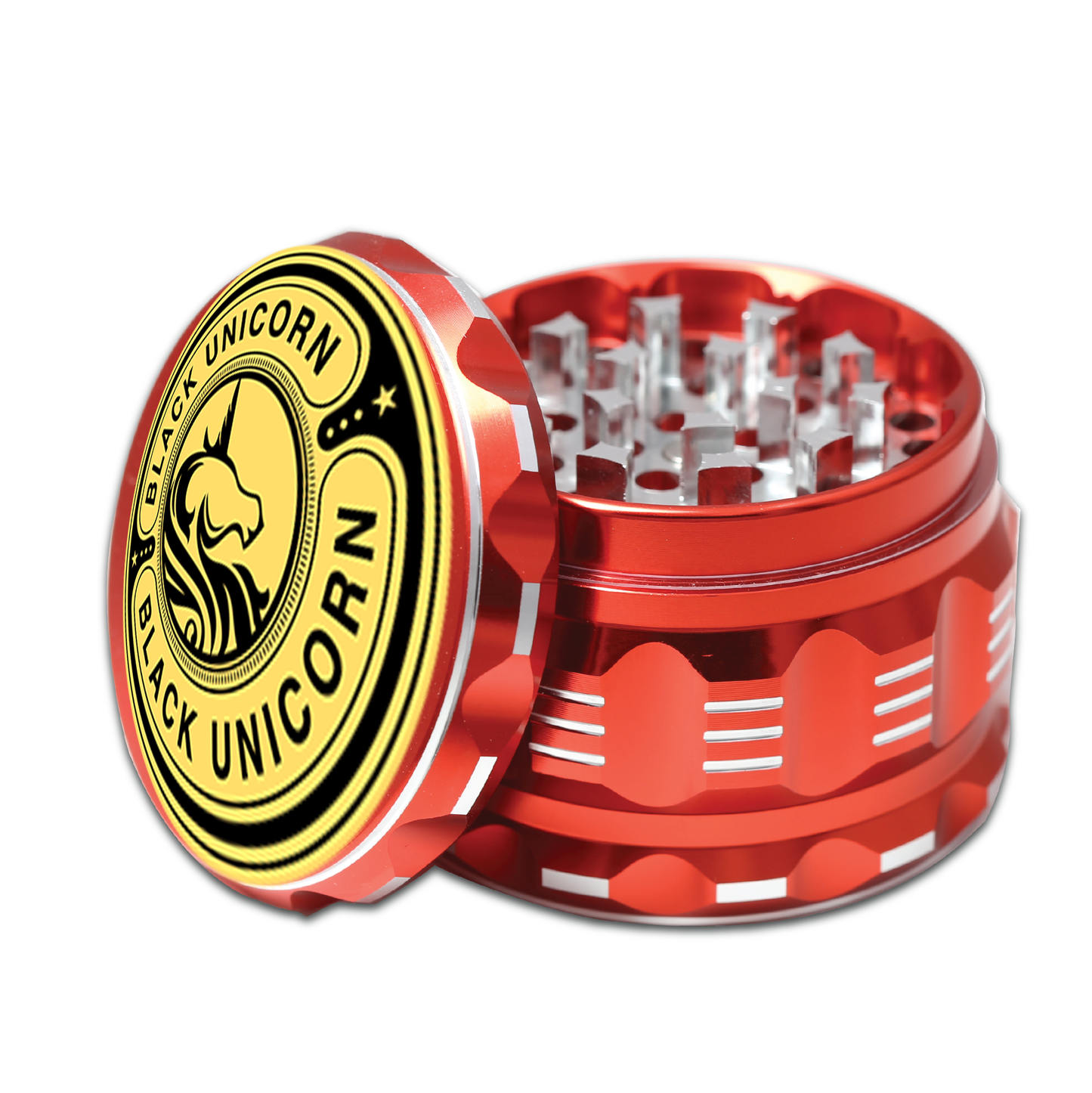 Black Unicorn Grinder with Pollen Catcher. Large 4 Piece, 2.5" Aluminum (Red)