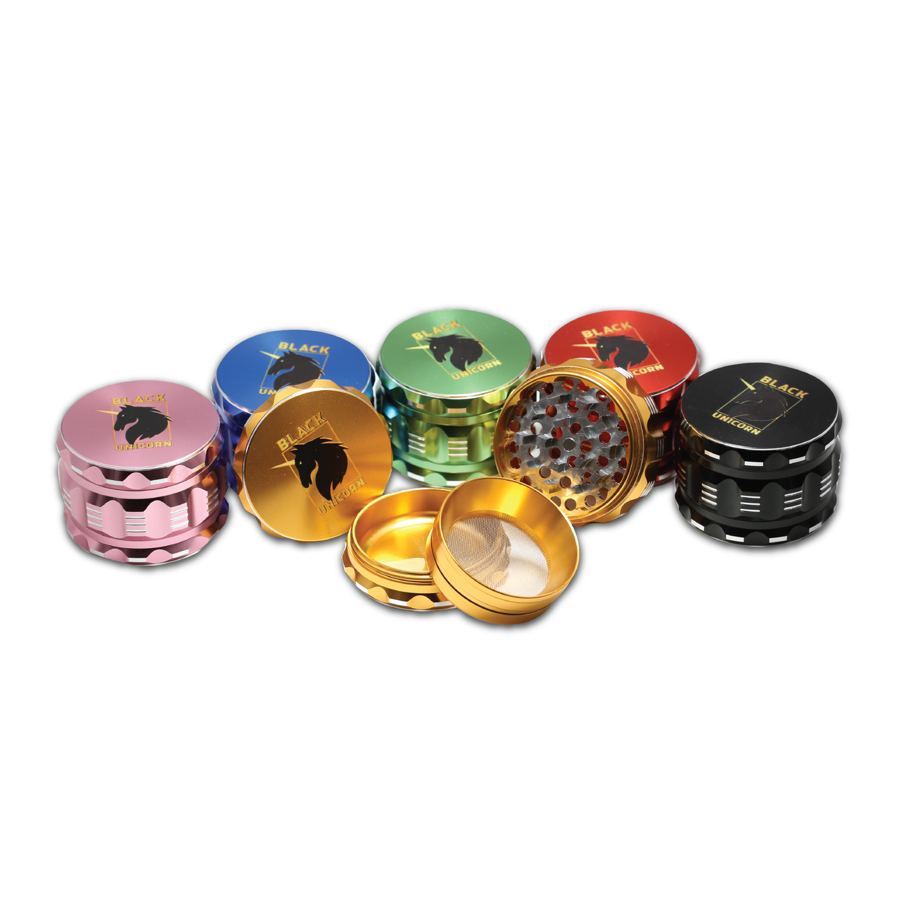 Black Unicorn Grinder with Pollen Catcher. Large 4 Piece, 2.5" Aluminum (Red)