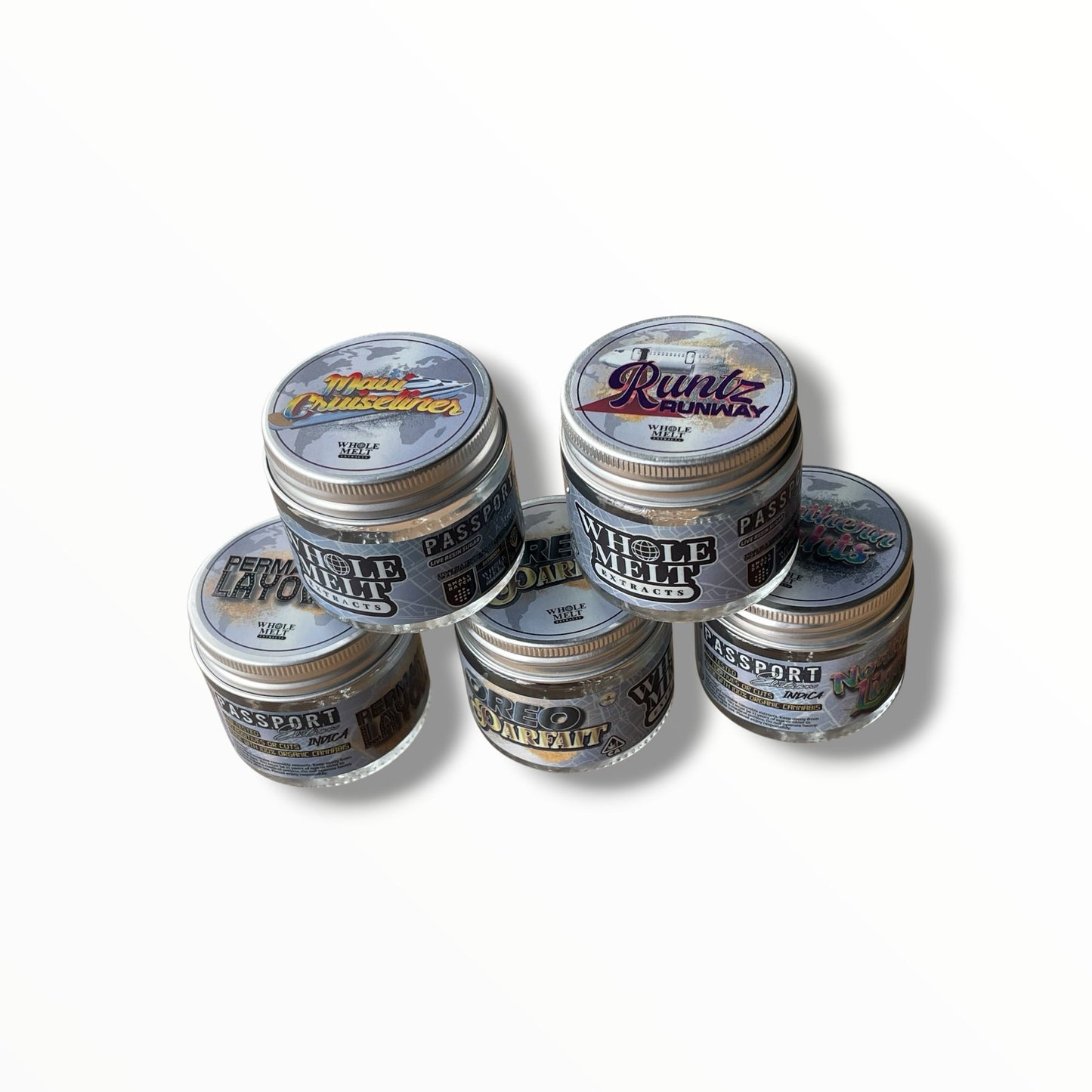 Whole Melt Passport Edition 1oz Glass Jars - Varity Pack 16 Strains in box Empty Jars