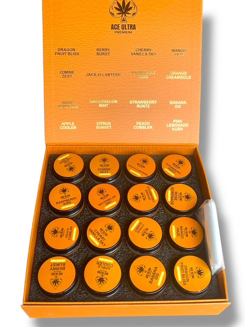 Ace Ultra Premium 1oz Glass Jars - Varity Pack 16 Strains in box Empty Jars