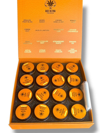 Ace Ultra Premium 1oz Glass Jars - Varity Pack 16 Strains in box Empty Jars