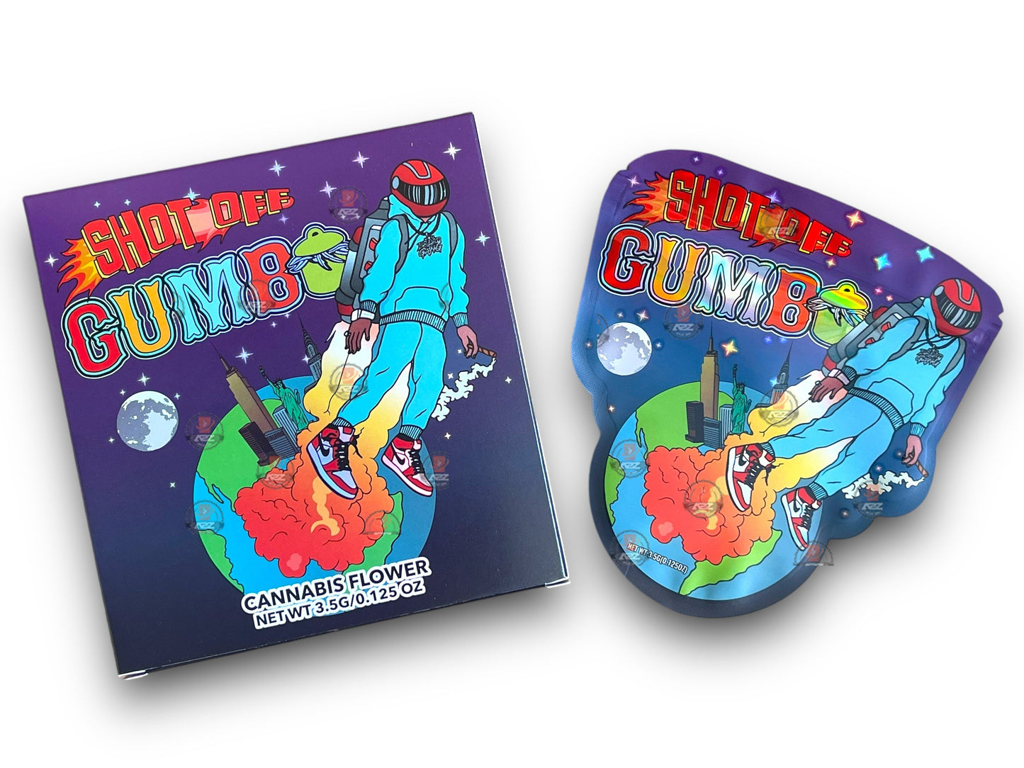 Gumbo Shot OFF Mylar Bags with Boxes 3.5g Box Packaging Holographic boxes and bags
