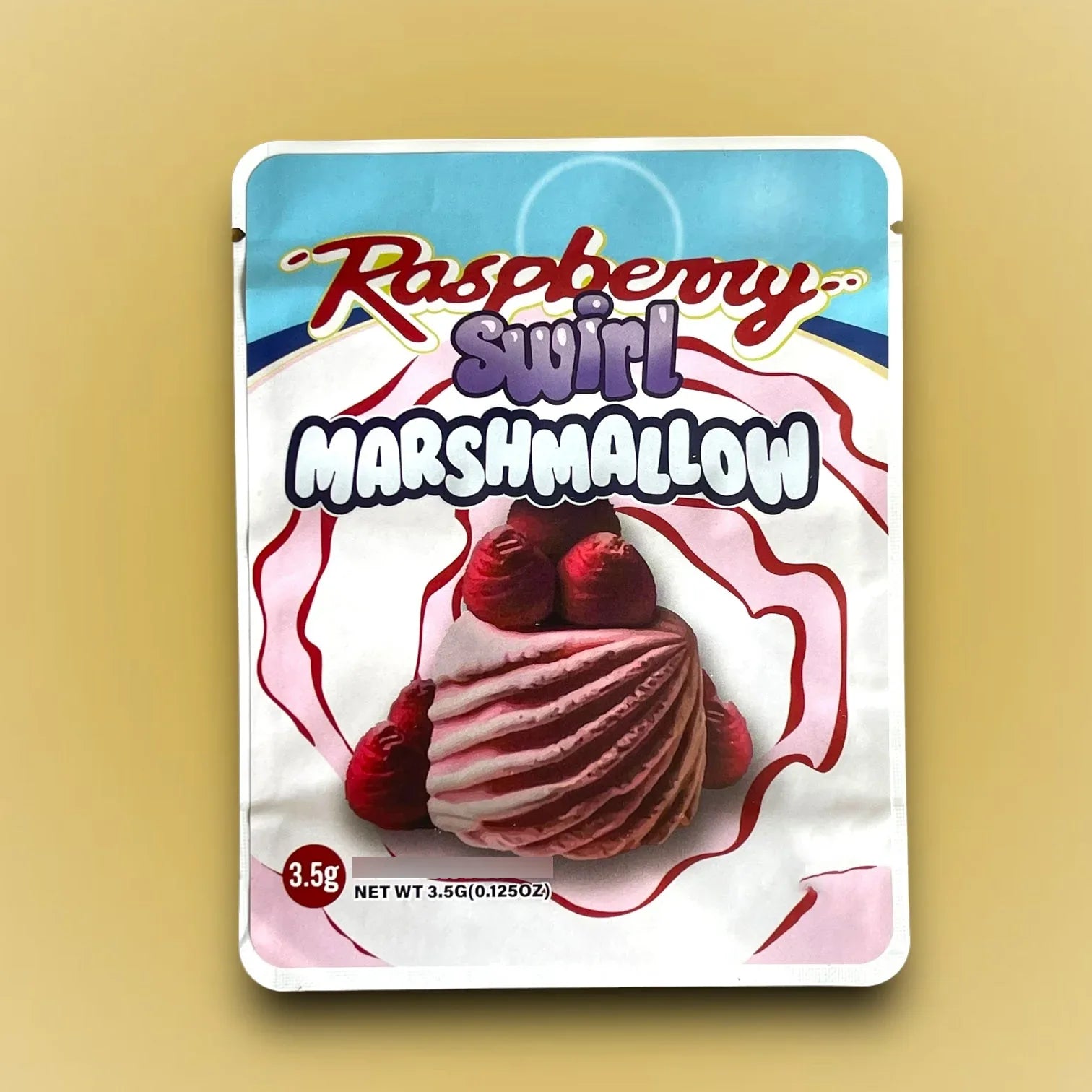 Raspberry Swirl Marshmallow Mylar Bags 3.5g Sticker base Bag - Black Unicorn Hub