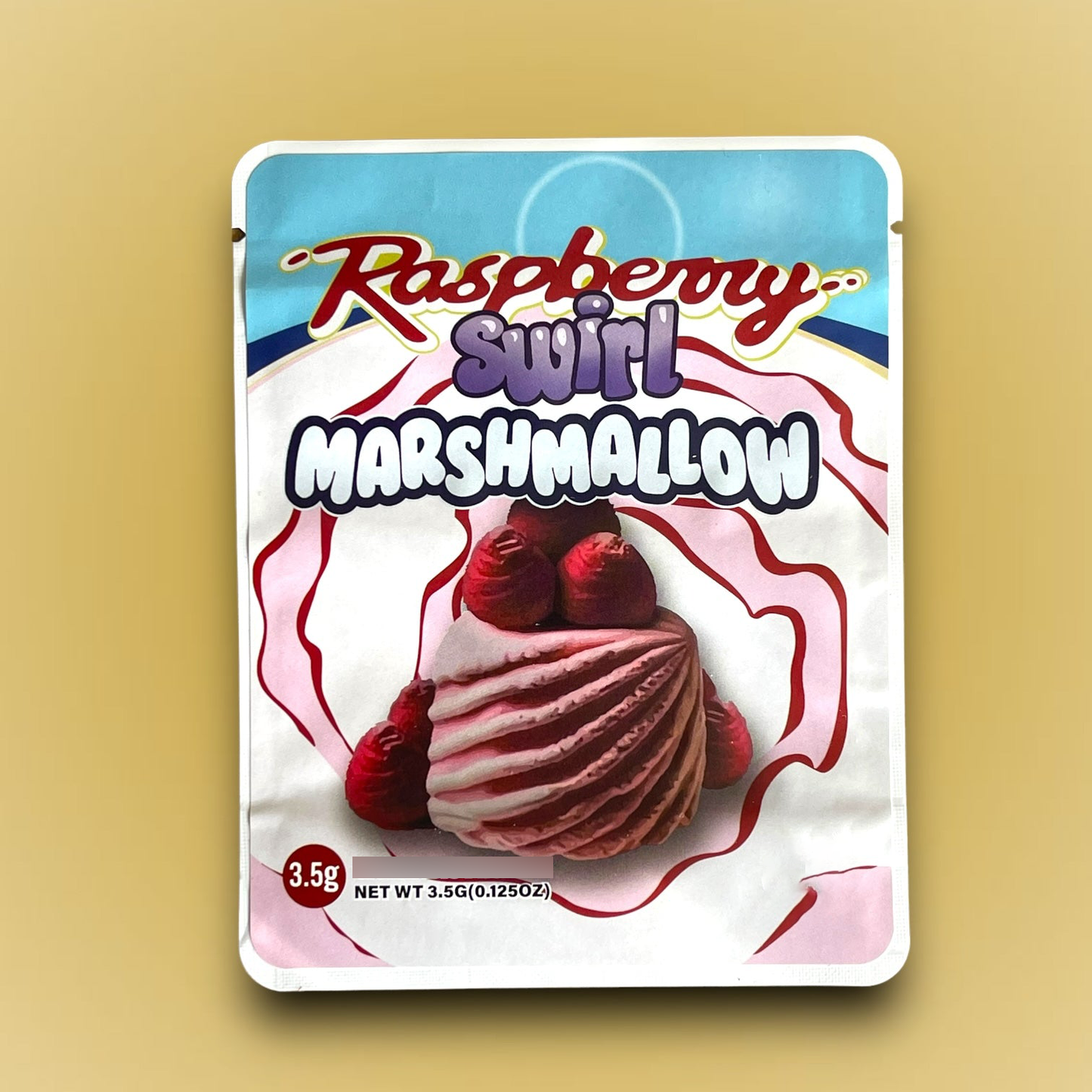Raspberry Swirl Marshmallow Mylar Bags 3.5g Sticker base Bag