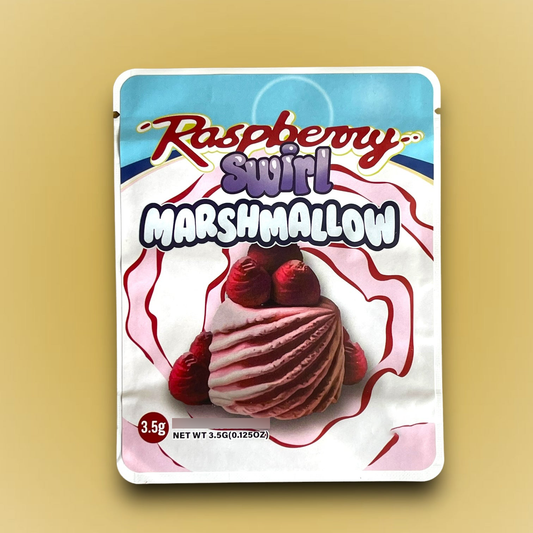 Raspberry Swirl Marshmallow Mylar Bags 3.5g Sticker base Bag