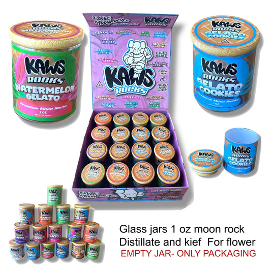Kawz Moon Rocks Gelato Edition 1oz Glass Jars - Varity Pack 16 Strains in box Empty Jars