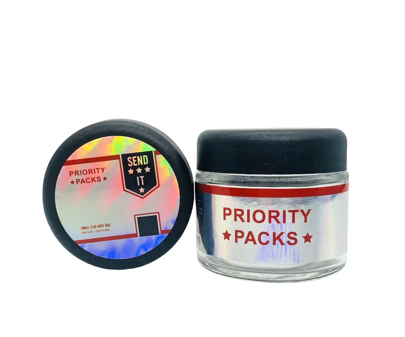 USPS Priority Packs 3.5g Glass Jars with Holographic Stickers