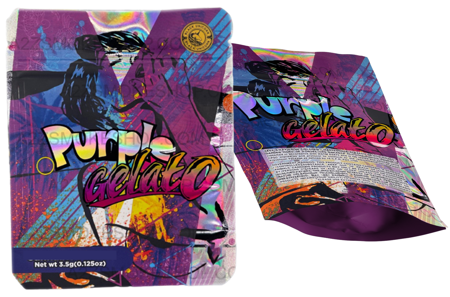 Black Unicorn Purple Gelato Holographic Mylar bag 3.5g  For Flower