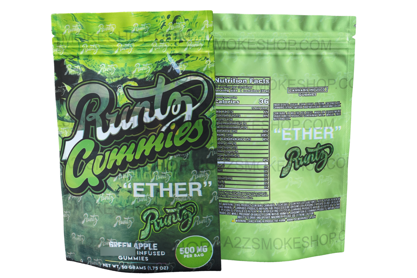 Gummies - Ether Green Apple 500mg  Mylar Bag Packaging Only