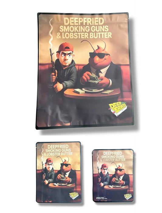 Deep Fried Smoking Guns & Lobster Butter Combo Sticker Mylar Bags | 16oz, 1oz & 3.5g - Black Unicorn Hub