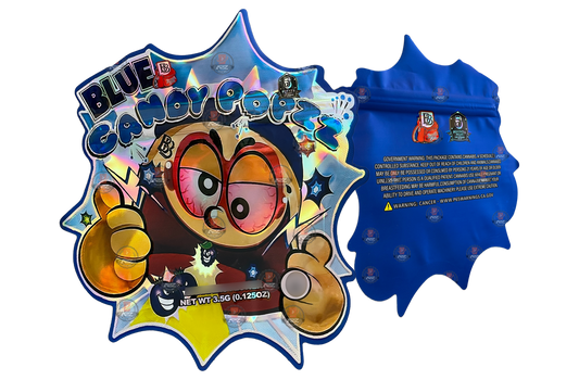 Backpack Boyz Blue Candy Popzz cut out Mylar zip lock bag 3.5G
