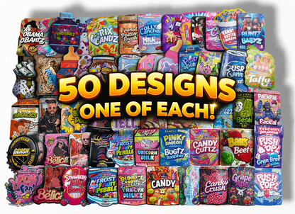 Assorted candy packages with text '50 Designs One of Each' on a white background