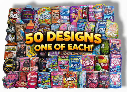Assorted candy packages with text '50 Designs One of Each' on a white background