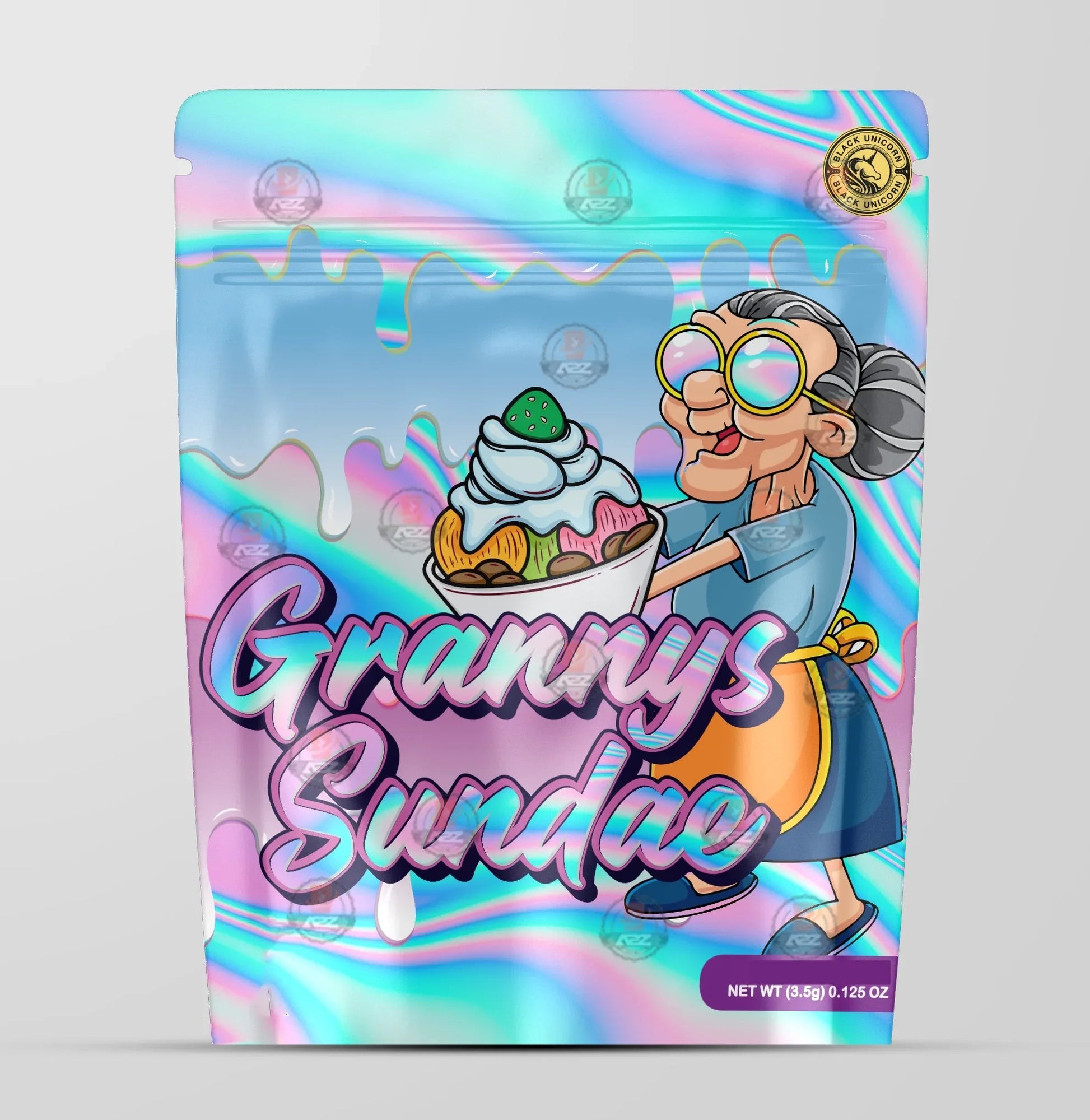 Granny's Sundae Holographic Mylar bag 3.5g - Black Unicorn - Packaging only - Black Unicorn Hub