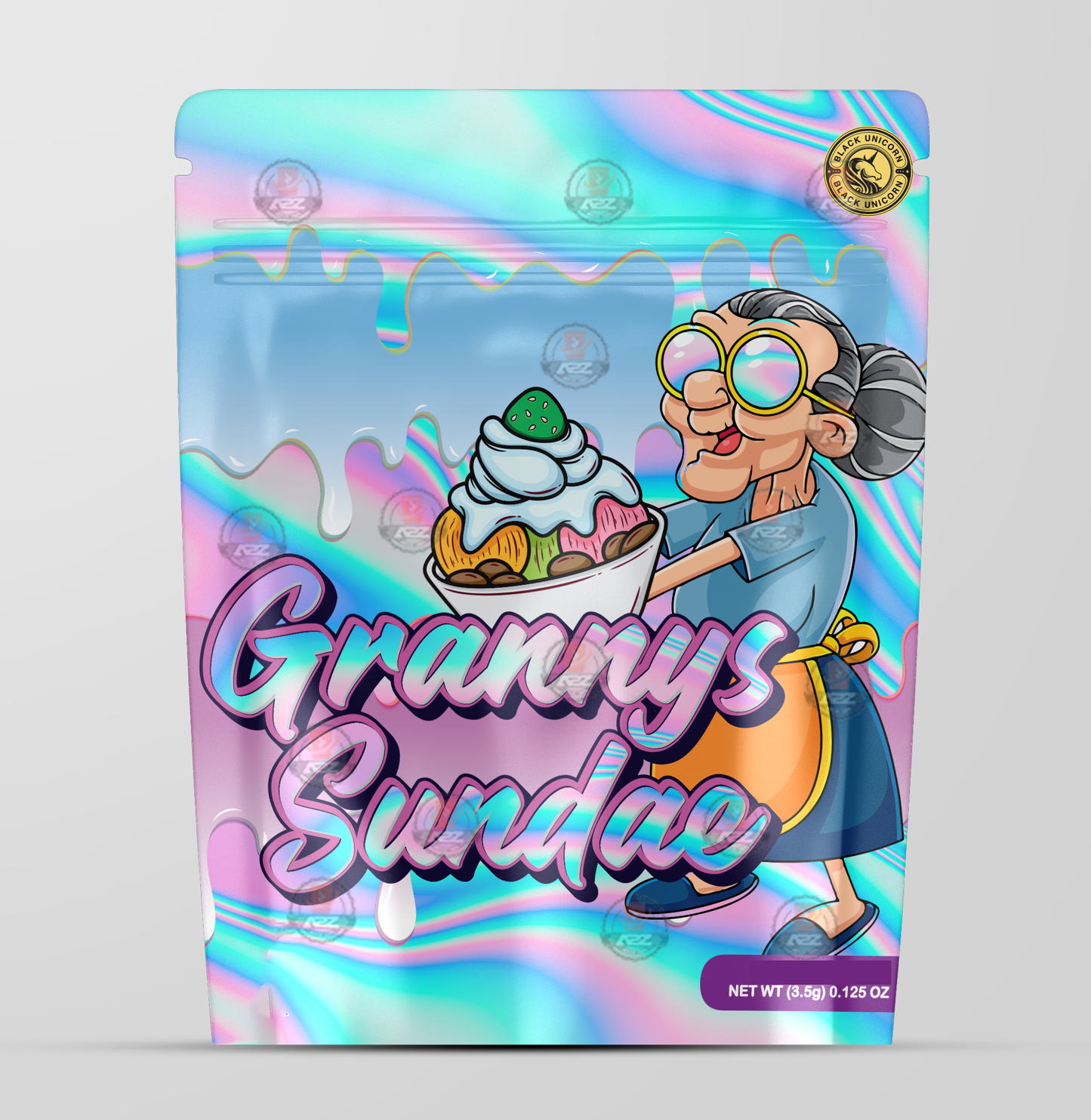 Granny's Sundae Holographic Mylar bag 3.5g - Black Unicorn - Packaging only