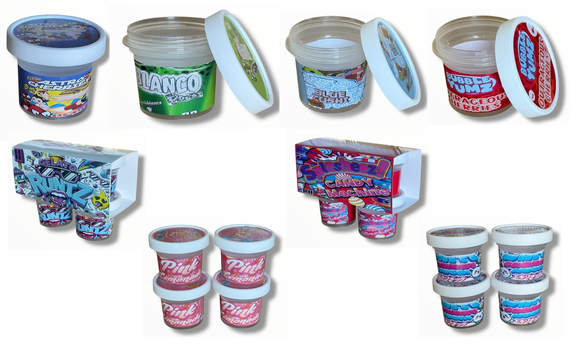 Collection of various small containers and packages with colorful labels on a white background