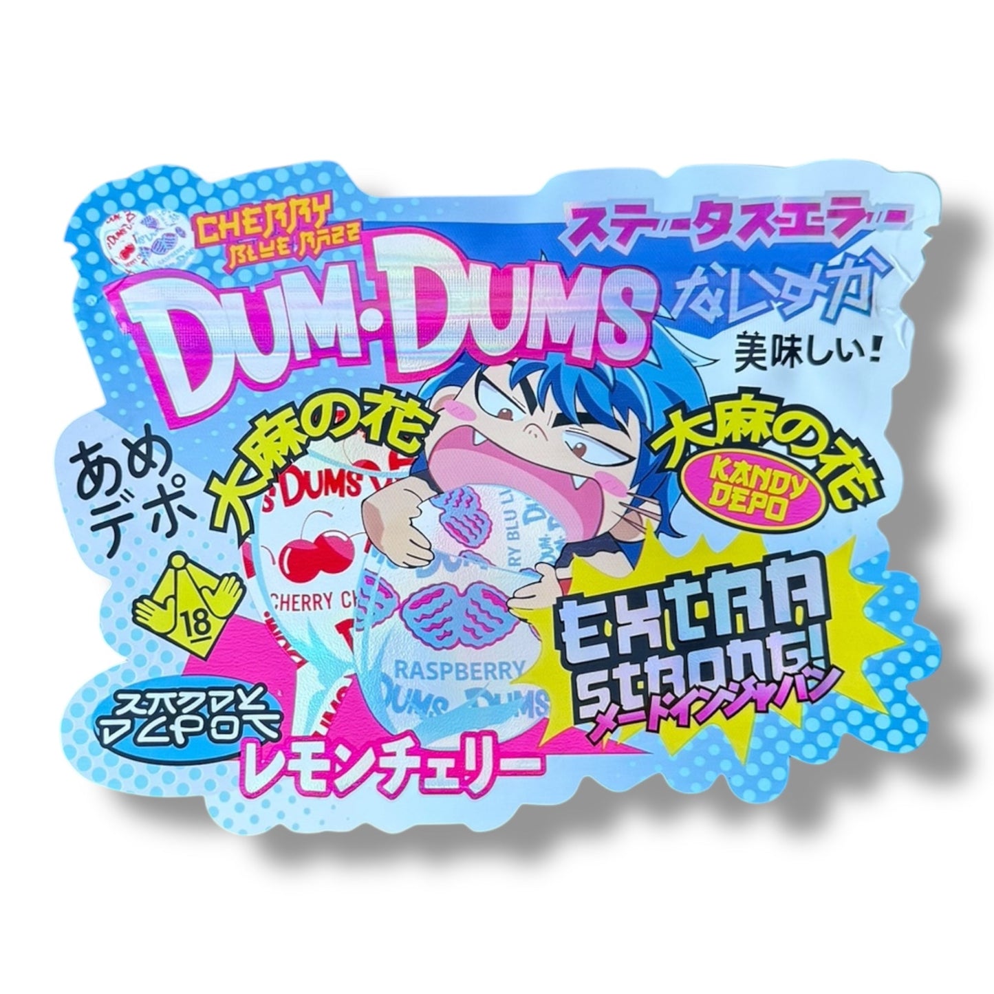 Kandy Depo Cherry Blue Razz Dum Dums Extra Strong Mylar Bag 3.5g shape bag
