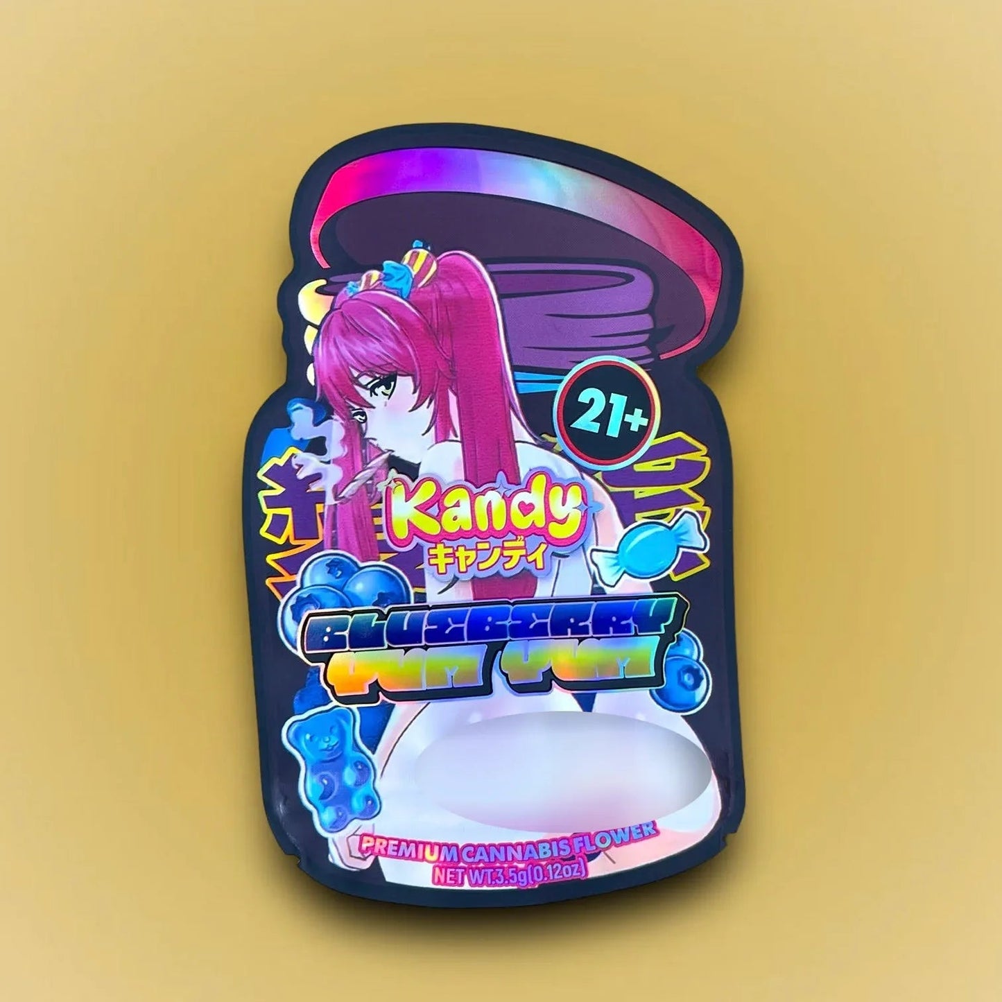 Kandy Blueberry Yum Yum 3.5G Mylar Bags Holographic cut out - Black Unicorn Hub