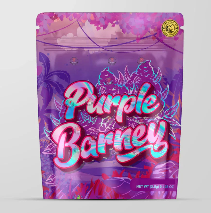 Purple Barney Holographic Mylar bag 3.5g - For Flower- Black Unicorn - Black Unicorn Hub