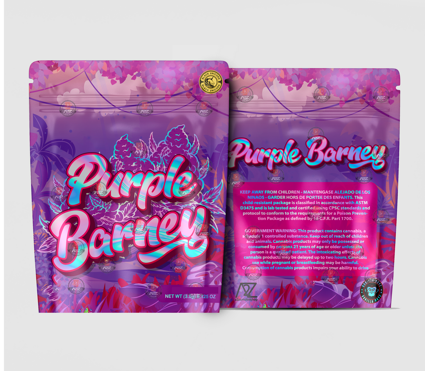 Purple Barney Holographic Mylar bag 3.5g - For Flower- Black Unicorn