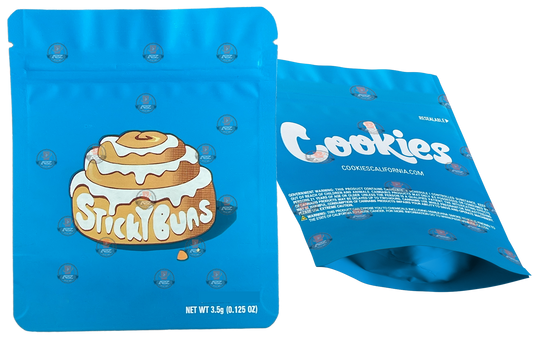 Cookies Sticky Buns Mylar Bags 3.5 Grams Smell Proof Resealable Bags w/ Holographic Authenticity Stickers and Label