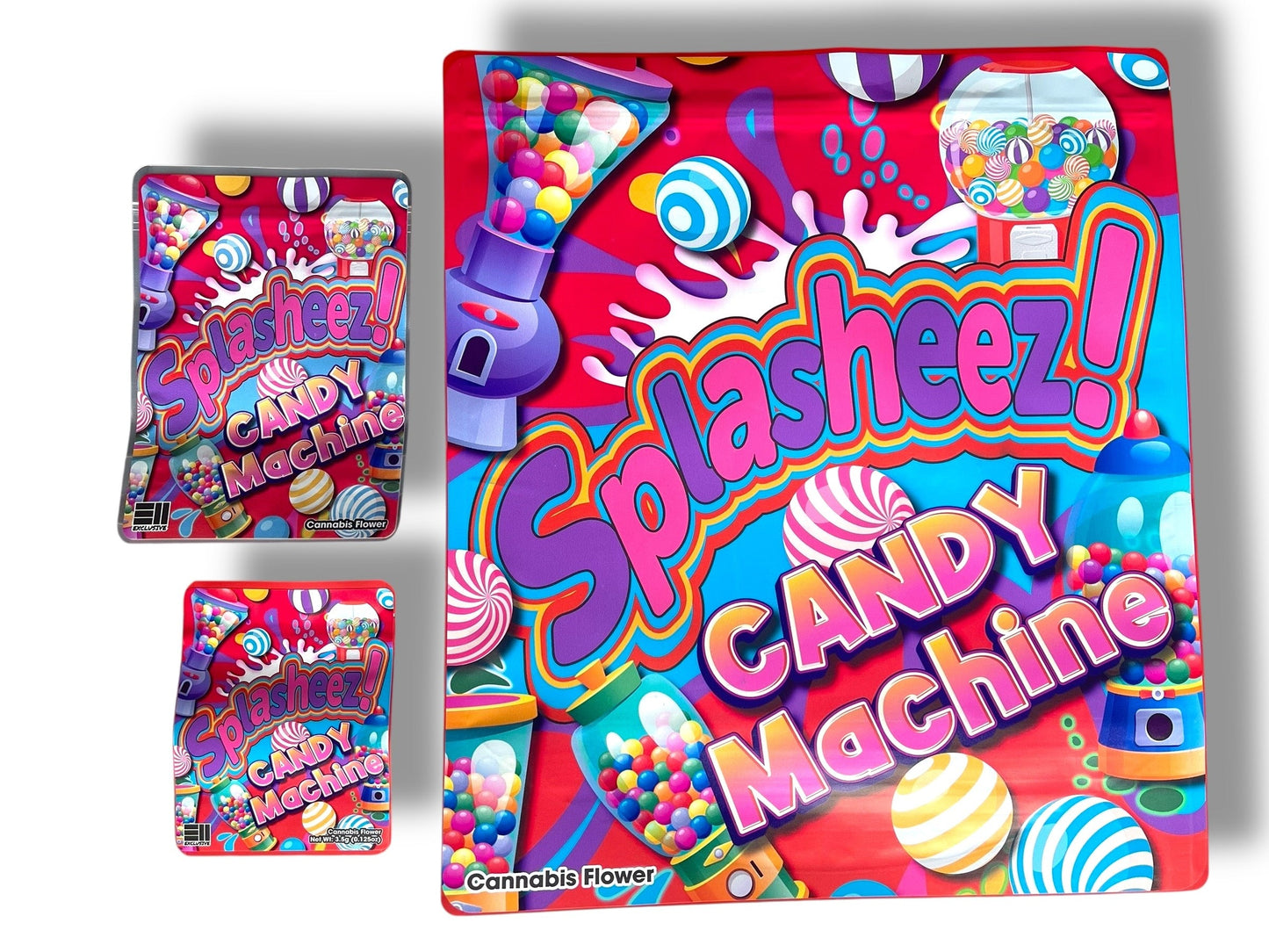Splasheez Candy Machine Combo Sticker Mylar Bags | Stand-Up 16oz, 1oz & 3.5g