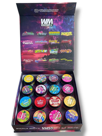 Whole Melt Exotics 1oz Glass Jars - Varity Pack 16 Strains in box Empty Jars