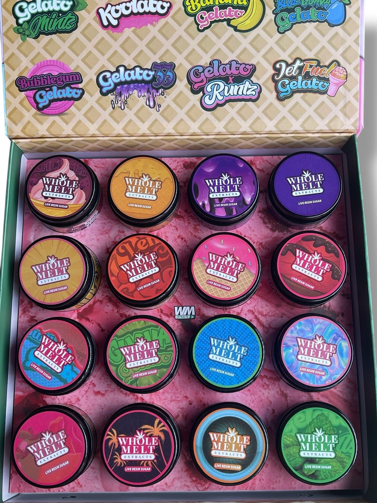 Whole Melt Gelato 1oz Glass Jars - Varity Pack 16 Strains in box Empty Jars