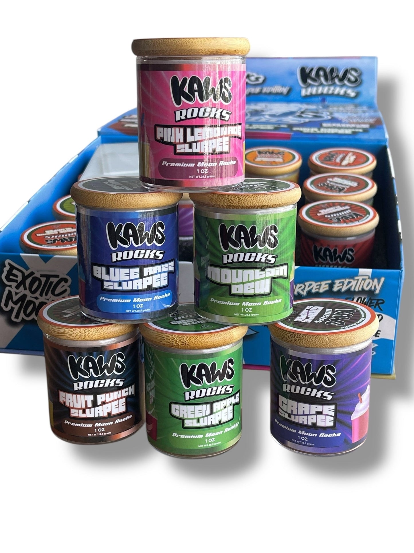 Kawz Exotic Slurpee Edition Moon Rocks 1oz Glass Jars - Varity Pack 16 Strains in box Empty Jars