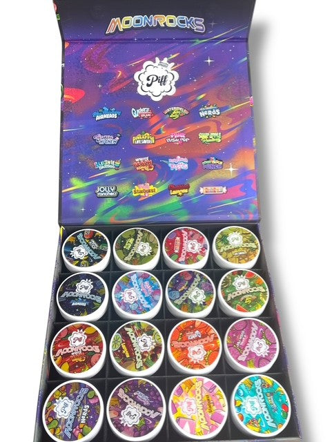 Piff Moonrocks Berry POP Edition 1oz Plastic Jars - Varity Pack 16 Strains in box Empty Jars