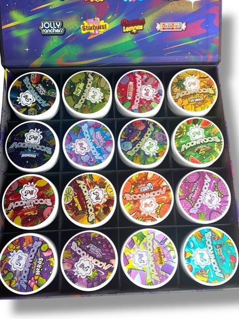 Piff Moonrocks Berry POP Edition 1oz Plastic Jars - Varity Pack 16 Strains in box Empty Jars