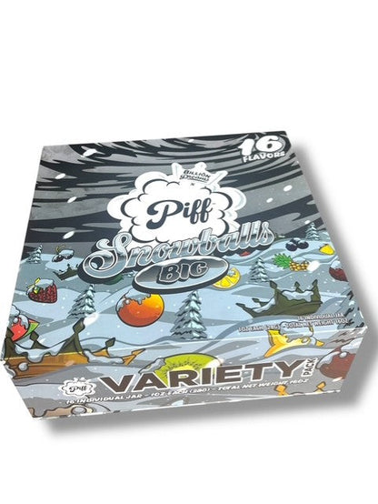 Piff Snowballs Big 16-1oz Plastic Jars - Varity Pack 16 Flavors in box 1 pound with outer box Empty plastic Jars