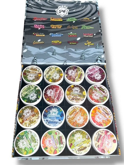 Piff Snowballs Big 16-1oz Plastic Jars - Varity Pack 16 Flavors in box 1 pound with outer box Empty plastic Jars