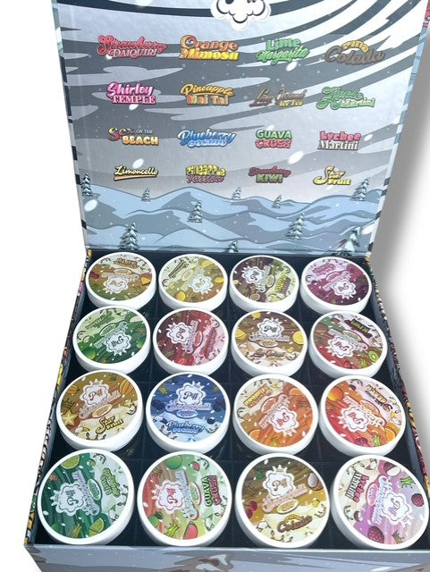 Piff Snowballs Big 16-1oz Plastic Jars - Varity Pack 16 Flavors in box 1 pound with outer box Empty plastic Jars