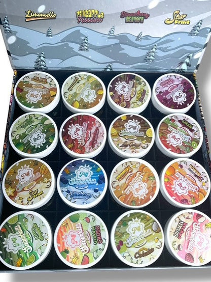 Piff Snowballs Big 16-1oz Plastic Jars - Varity Pack 16 Flavors in box 1 pound with outer box Empty plastic Jars