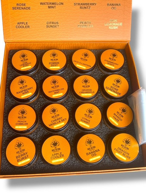 Ace Ultra Premium 1oz Glass Jars - Varity Pack 16 Strains in box Empty Jars